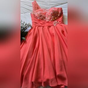 Vibrant Coral Hand Beaded One Shoulder Formal Layered Dress Size S